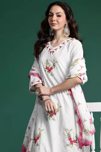 Floral Embroidered Pure Cotton Kurta with Trousers & Dupatta