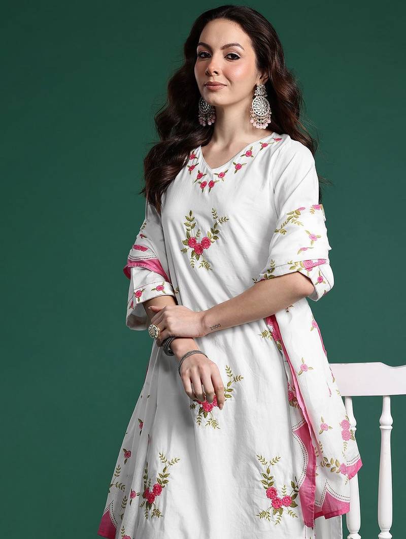Floral Embroidered Pure Cotton Kurta with Trousers & Dupatta
