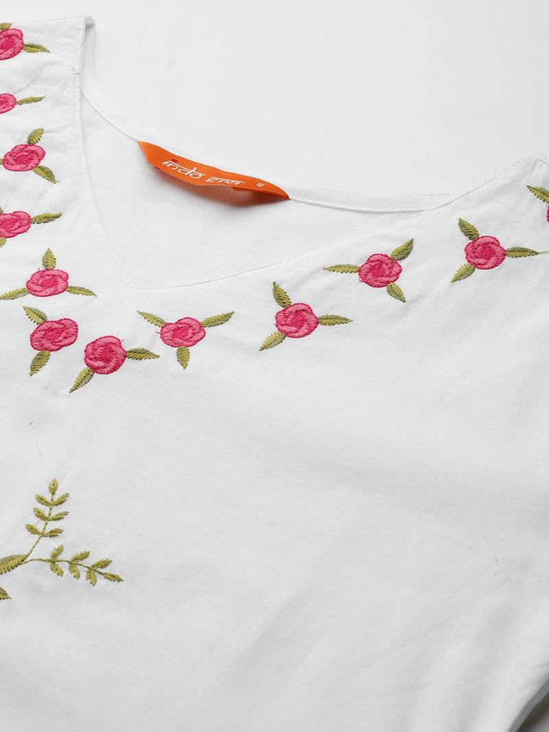 Floral Embroidered Pure Cotton Kurta with Trousers & Dupatta