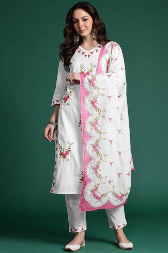 Floral Embroidered Pure Cotton Kurta with Trousers & Dupatta
