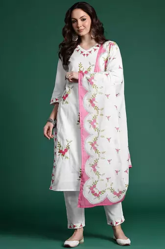 Floral Embroidered Pure Cotton Kurta with Trousers & Dupatta