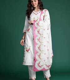 Floral Embroidered Pure Cotton Kurta with Trousers & Dupatta