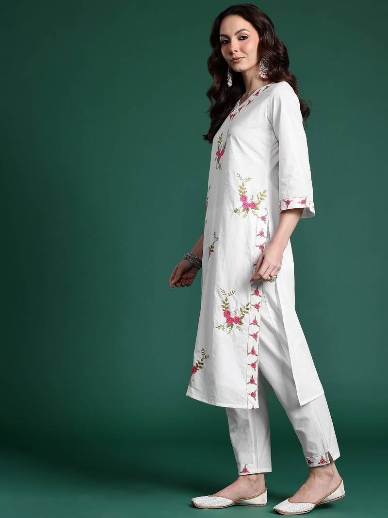 Floral Embroidered Pure Cotton Kurta with Trousers & Dupatta