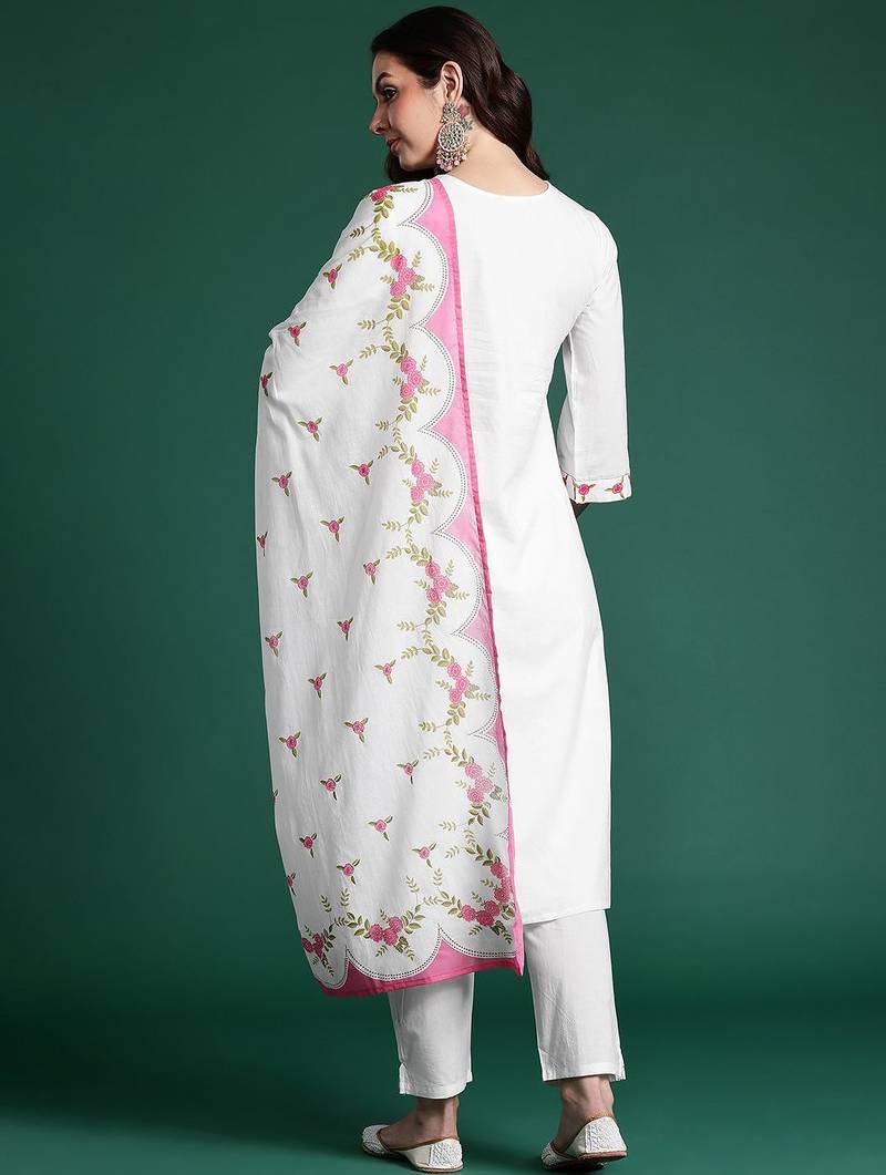 Floral Embroidered Pure Cotton Kurta with Trousers & Dupatta