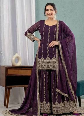 lavender sequin Embroidery Work Silk Blend Salwar Suit 1