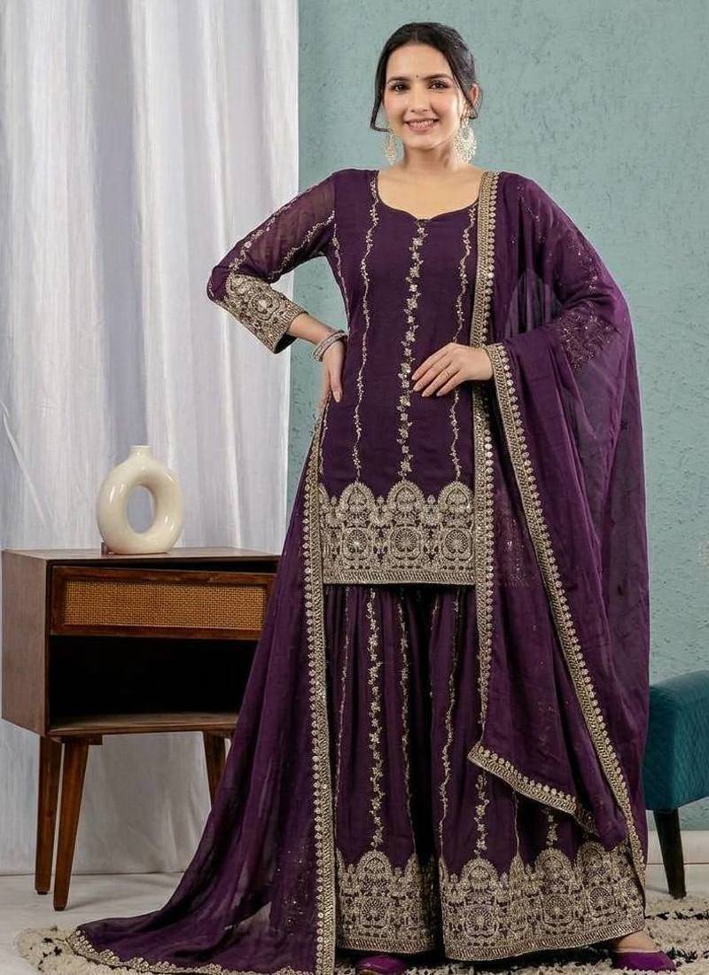 lavender sequin Embroidery Work Silk Blend Salwar Suit
