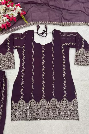 lavender sequin Embroidery Work Silk Blend Salwar Suit
