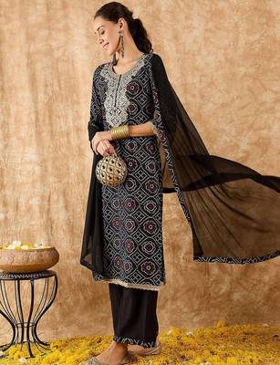 Bandhani Printed Straight Pure Cotton Kurta with Palazzos & Dupatta 1