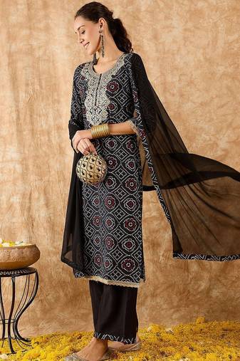 Bandhani Printed Straight Pure Cotton Kurta with Palazzos & Dupatta