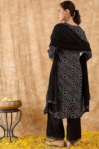 Bandhani Printed Straight Pure Cotton Kurta with Palazzos & Dupatta