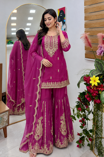 rani pink color cording embroidery sequin work faux georgette kurti sharara set