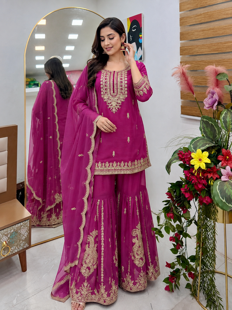 rani pink color cording embroidery sequin work faux georgette kurti sharara set