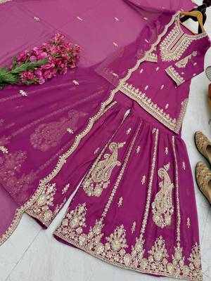 rani pink color cording embroidery sequin work faux georgette kurti sharara set 2