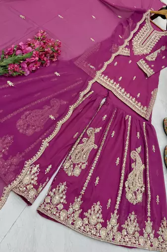 rani pink color cording embroidery sequin work faux georgette kurti sharara set