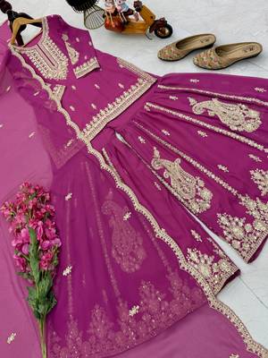 rani pink color cording embroidery sequin work faux georgette kurti sharara set 3