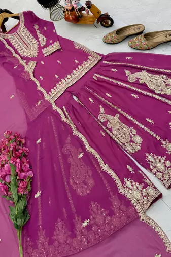 rani pink color cording embroidery sequin work faux georgette kurti sharara set