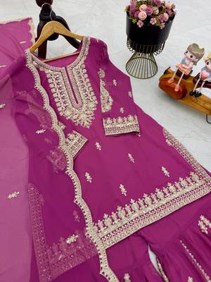 rani pink color cording embroidery sequin work faux georgette kurti sharara set 4