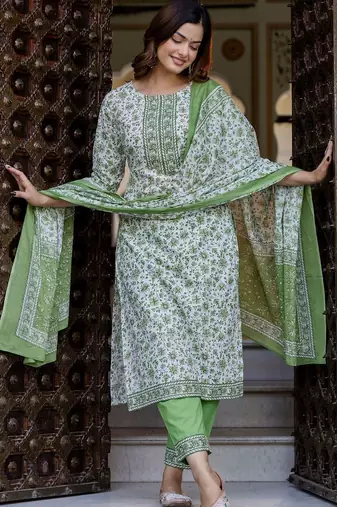 Floral Printed Pure Cotton Straight Kurta With Trouser And Dupatta