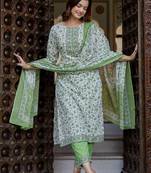 Floral Printed Pure Cotton Straight Kurta With Trouser And Dupatta