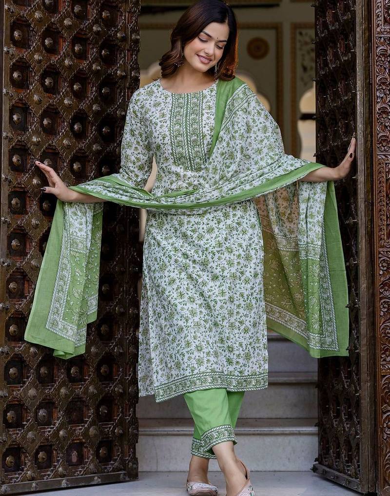 Floral Printed Pure Cotton Straight Kurta With Trouser And Dupatta