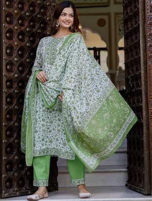 Floral Printed Pure Cotton Straight Kurta With Trouser And Dupatta 4