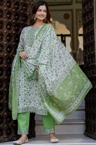 Floral Printed Pure Cotton Straight Kurta With Trouser And Dupatta