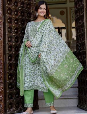 Floral Printed Pure Cotton Straight Kurta With Trouser And Dupatta 5