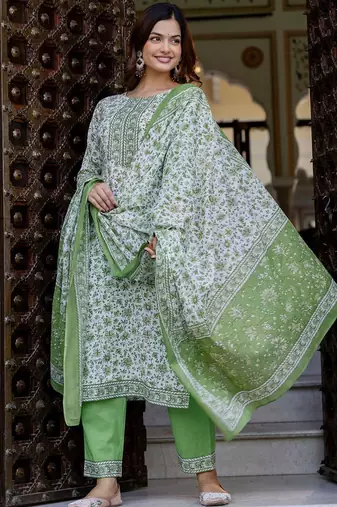 Floral Printed Pure Cotton Straight Kurta With Trouser And Dupatta