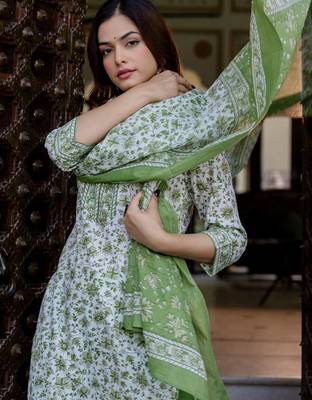 Floral Printed Pure Cotton Straight Kurta With Trouser And Dupatta 6