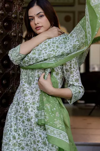 Floral Printed Pure Cotton Straight Kurta With Trouser And Dupatta