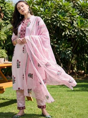Women Floral Printed Regular Pure Cotton Kurta with Trousers & With Dupatta 3