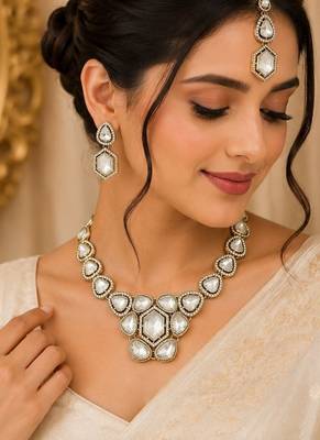 kundan white mehendi polish necklace set with earrings and maang tikka for bridal wedding jewelry 2