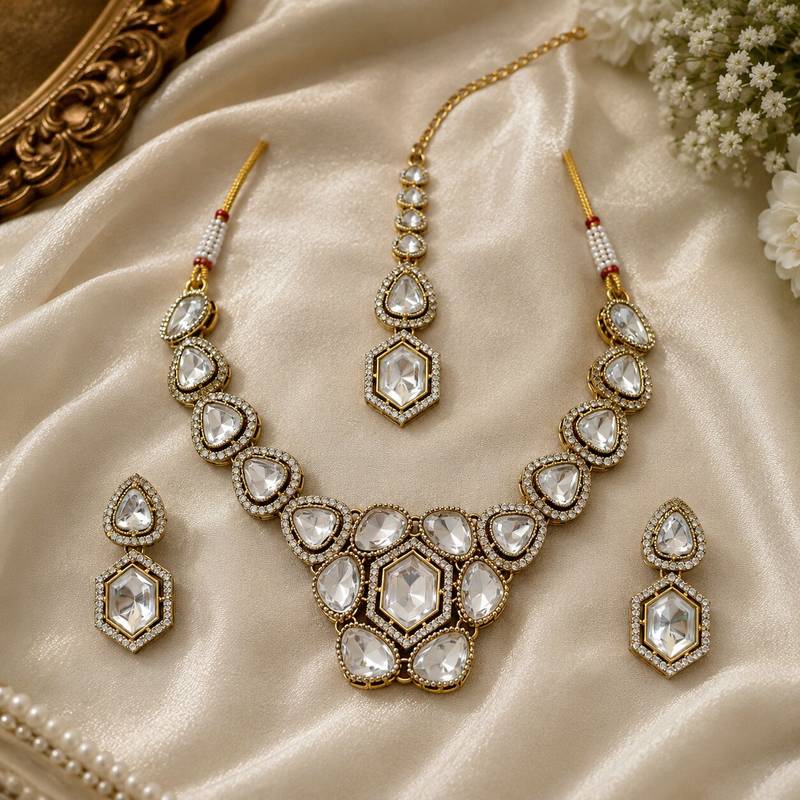 kundan white mehendi polish necklace set with earrings and maang tikka for bridal wedding jewelry