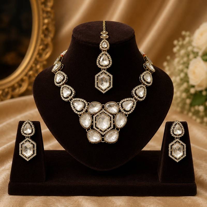 kundan white mehendi polish necklace set with earrings and maang tikka for bridal wedding jewelry