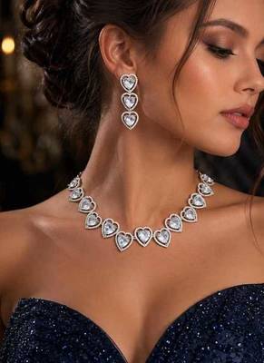 Heart Cut Crystal Necklace Earrings Set, Silver CZ Bridal Jewelry, Wedding Prom Anniversary 1