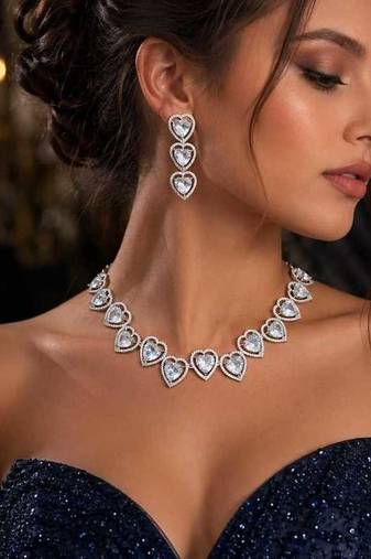 Heart Cut Crystal Necklace Earrings Set, Silver CZ Bridal Jewelry, Wedding Prom Anniversary