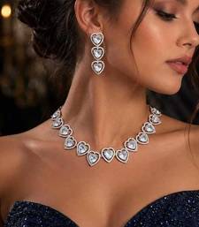Heart Cut Crystal Necklace Earrings Set, Silver CZ Bridal Jewelry, Wedding Prom Anniversary