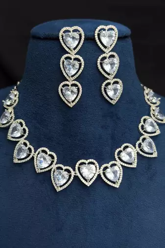 Heart Cut Crystal Necklace Earrings Set, Silver CZ Bridal Jewelry, Wedding Prom Anniversary