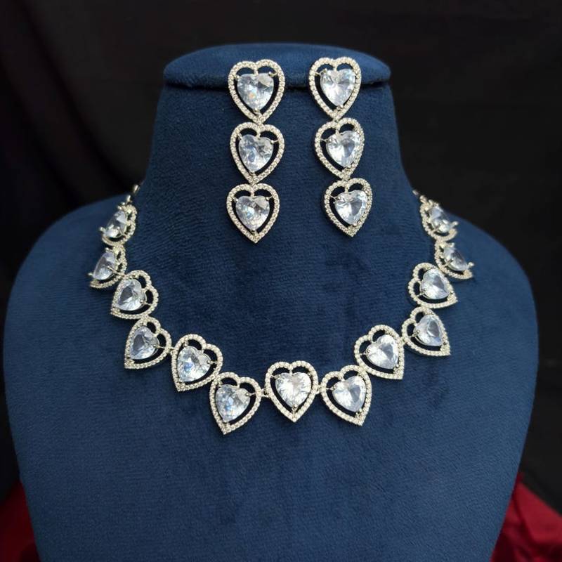 Heart Cut Crystal Necklace Earrings Set, Silver CZ Bridal Jewelry, Wedding Prom Anniversary