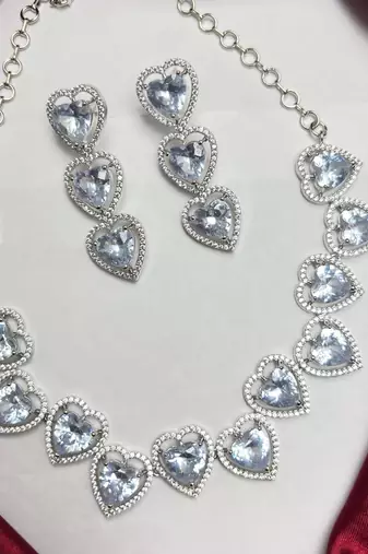 Heart Cut Crystal Necklace Earrings Set, Silver CZ Bridal Jewelry, Wedding Prom Anniversary