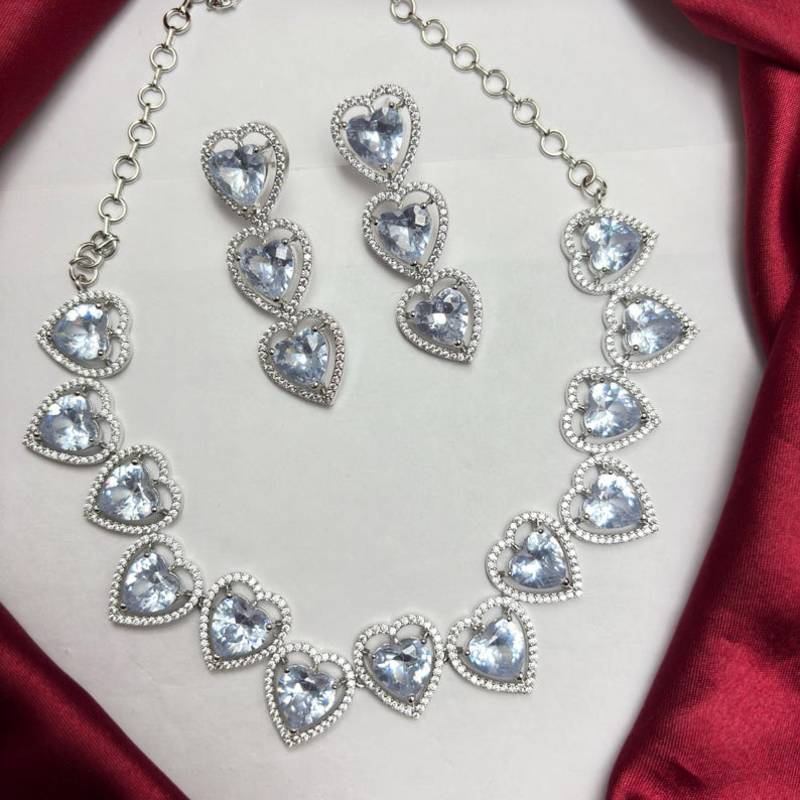 Heart Cut Crystal Necklace Earrings Set, Silver CZ Bridal Jewelry, Wedding Prom Anniversary