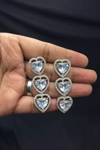 Heart Cut Crystal Necklace Earrings Set, Silver CZ Bridal Jewelry, Wedding Prom Anniversary