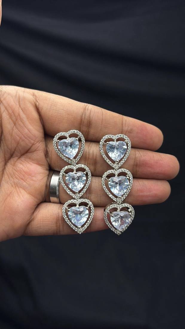 Heart Cut Crystal Necklace Earrings Set, Silver CZ Bridal Jewelry, Wedding Prom Anniversary