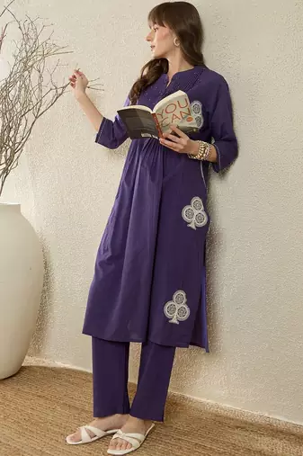 Women Ethnic Motifs Embroidered Pleated Thread Work Pure Cotton Kurta with Trousers