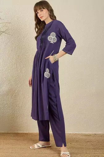 Women Ethnic Motifs Embroidered Pleated Thread Work Pure Cotton Kurta with Trousers