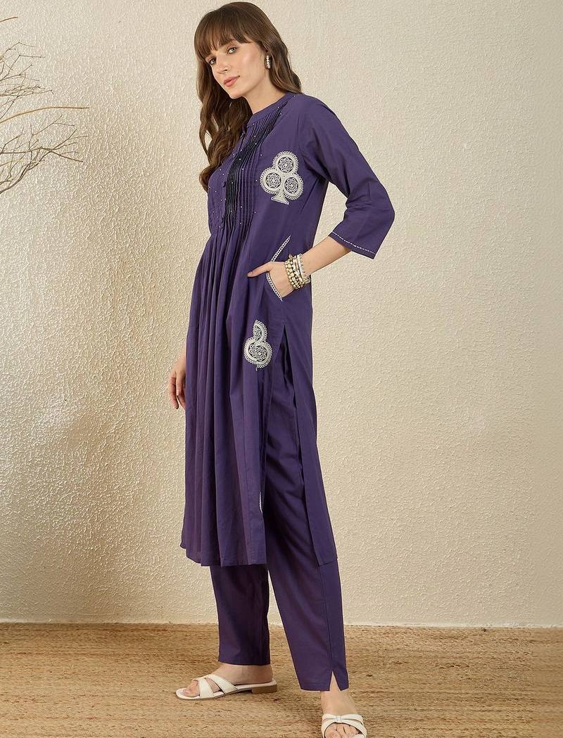 Women Ethnic Motifs Embroidered Pleated Thread Work Pure Cotton Kurta with Trousers