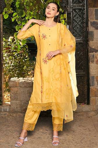 ethnic motifs embroidered thread work  cotton kurta with trousers & dupatta