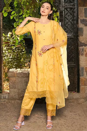 Ethnic Motifs Embroidered Thread Work Pure Cotton Kurta with Trousers & Dupatta