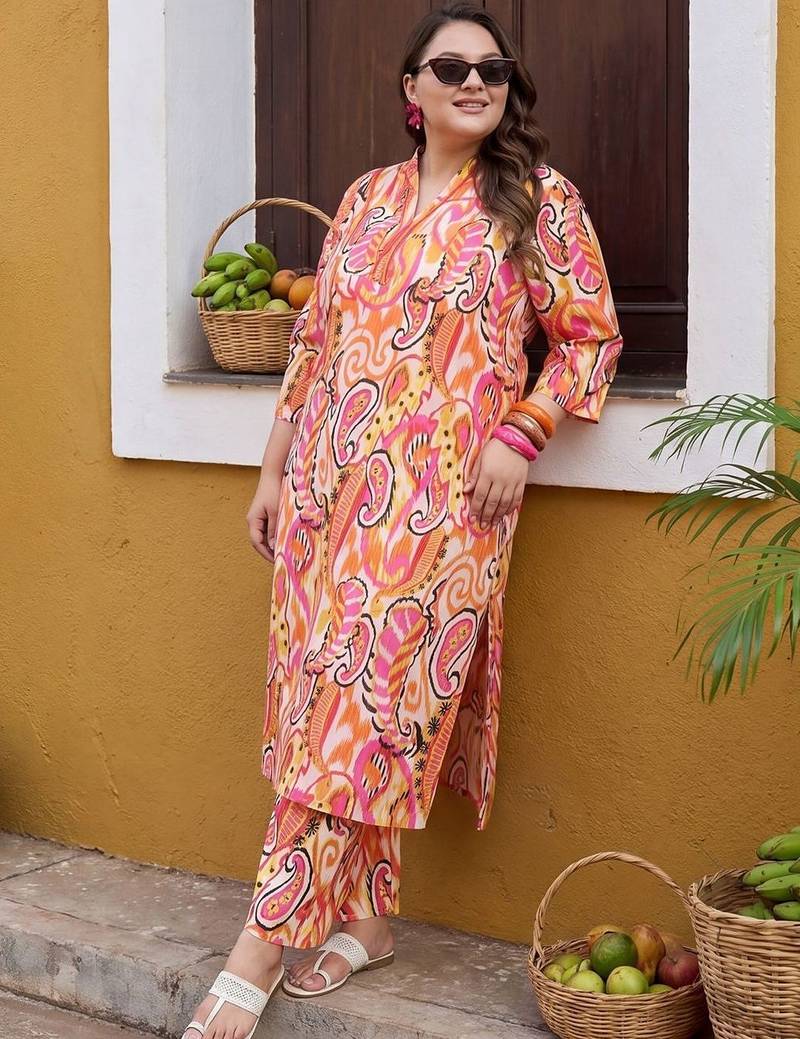 plus size multi printed straight kurta trousers set