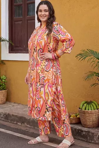 Plus Size Multi Printed Straight Kurta Trousers Set
